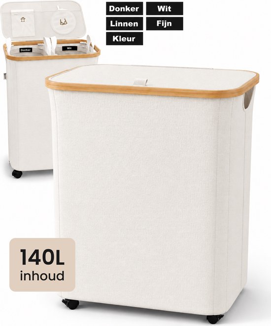 Crème wasmand met houten rand en wielen, met een kleinere mand ernaast.