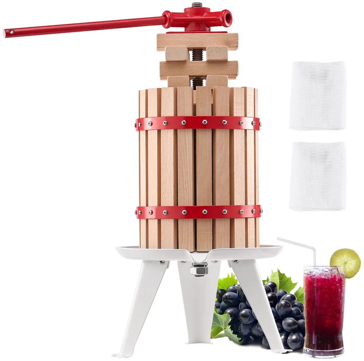 Fruitpers 6 Liter - Wijnpers - Handmatige Sap Pers - Massief Beukenhout - Houten Persmand - Voor Appels, Druiven, Bessen en Cider - Inclusief Filterzakken - Traditionele Sapmaker - Voor Thuis, Boerderij en Wijngaard