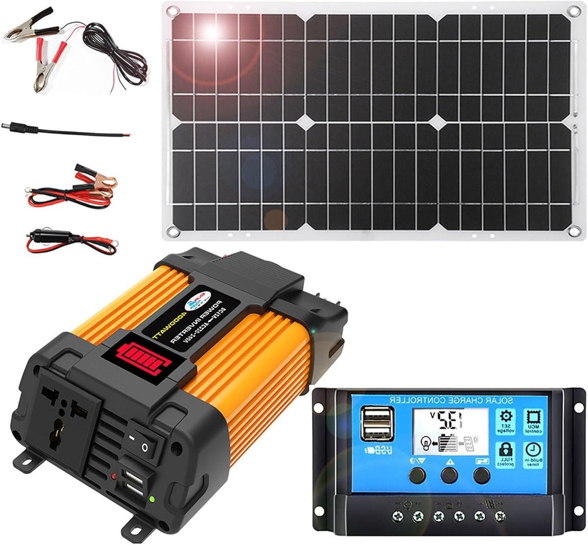 Zonnepaneel Kit - Energie Systeem - Off-Grid Stroom - Met Dubbele USB - 4000W Omvormer - Zwart