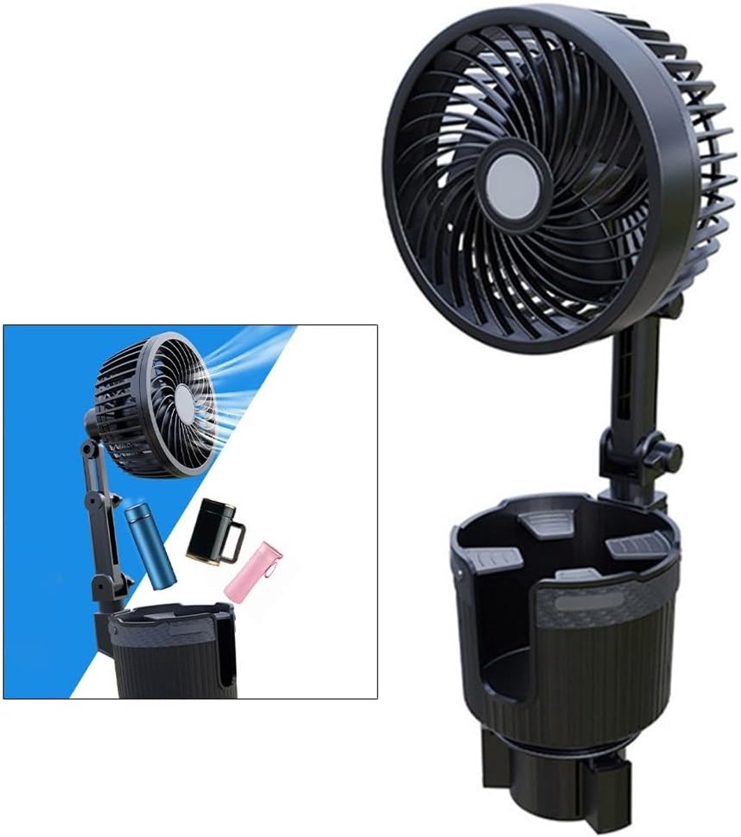 1 Autoventilator voor bekerhouder - USB-ventilator (15 cm) - Compact en stil - Twee windsnelheden - Draagbaar - Autokoeler - Geschikt voor auto's, vrachtwagens, campers en golfkarretjes - Zwart