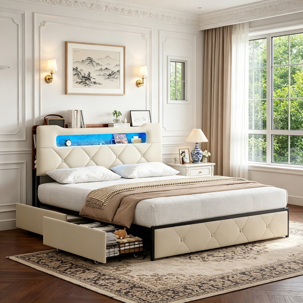 MEXUS Tweepersoonsbed Gestoffeerd 140x200 cm met LEDverlichting en USB-poort, bed met 4 lades, opbergruimte en lattenbodem, voor volwassenen, fluweel, Beige
