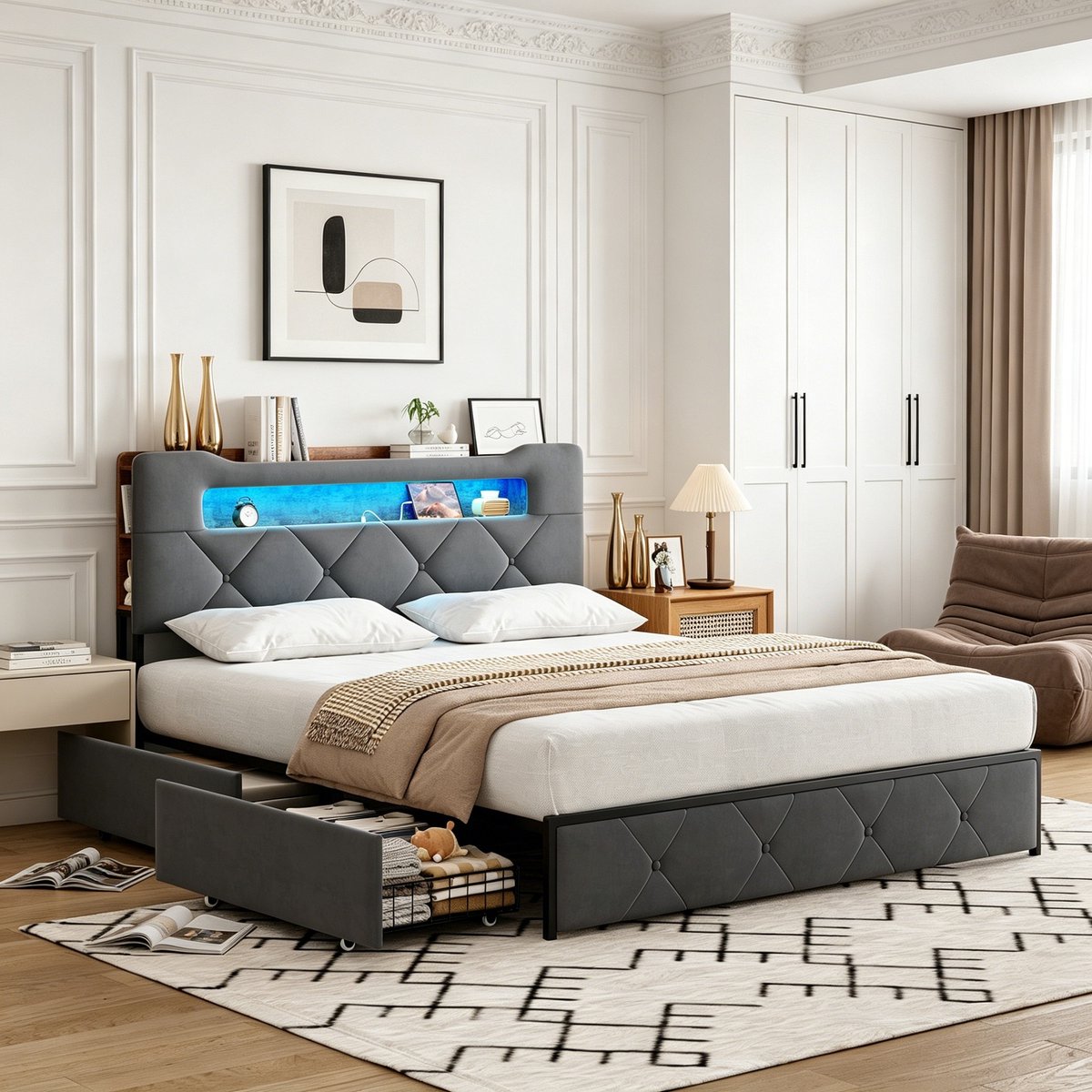 Gestoffeerd bed 140x200 cm met opbergruimte en lattenbodem, tweepersoonsbed met LEDverlichting en USB-poort, 4 lades, tweepersoonsbed voor volwassenen, fluweel, Grijs