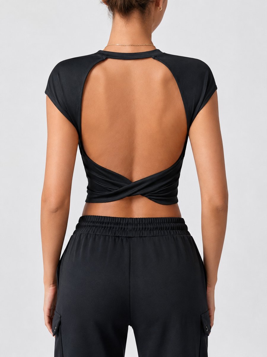 SparkNine Baremove rugloze crop T-shirt - L - zwart - cap-mouwen - korte top - stijlvol & luchtig