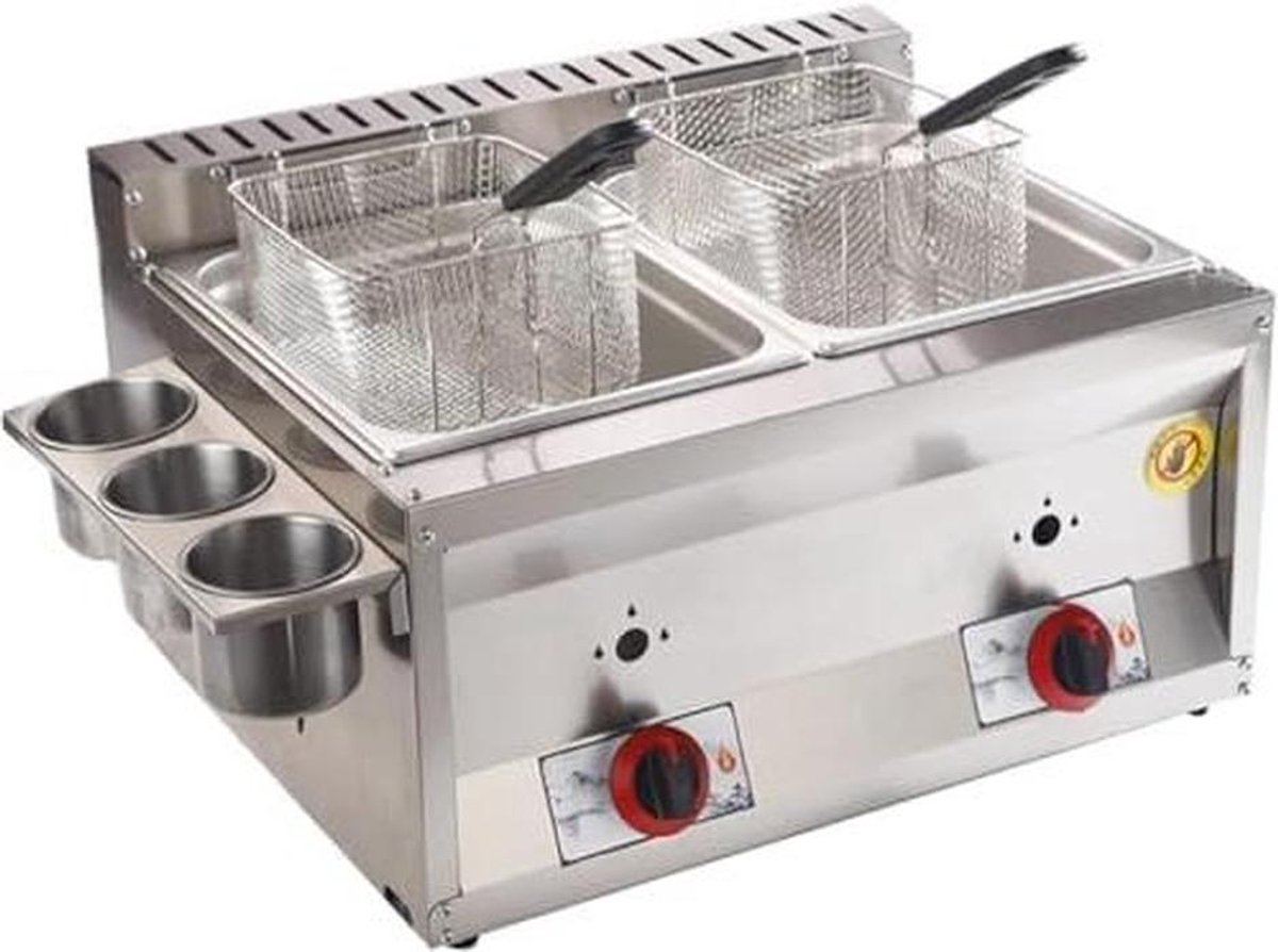 Gasfriteuse Dubbele Cilinder - Professionele Frituurpan - Restaurants Keukens - Energiezuinige Verwarming - 20 Liter Capaciteit - Zilverkleurig