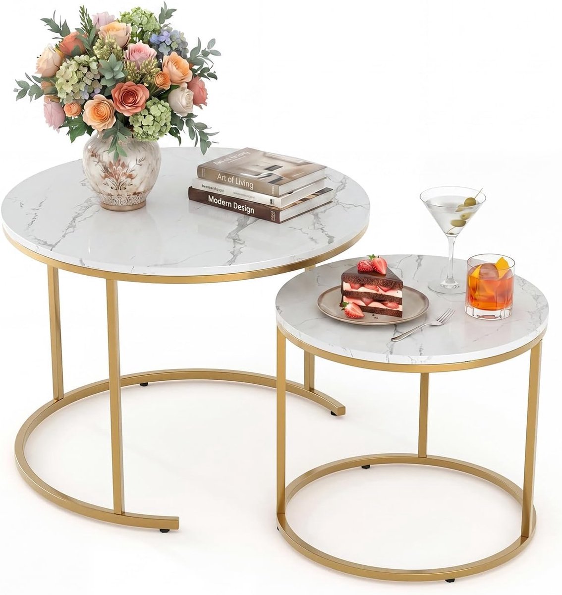 HOERFURIY Salontafel Set van 2 - Nesting Tafels Rond - Marmer Look met Gouden Metalen Frame - Ø 60 cm & Ø 40 cm - Moderne Bijzettafels voor Woonkamer & Slaapkamer wit