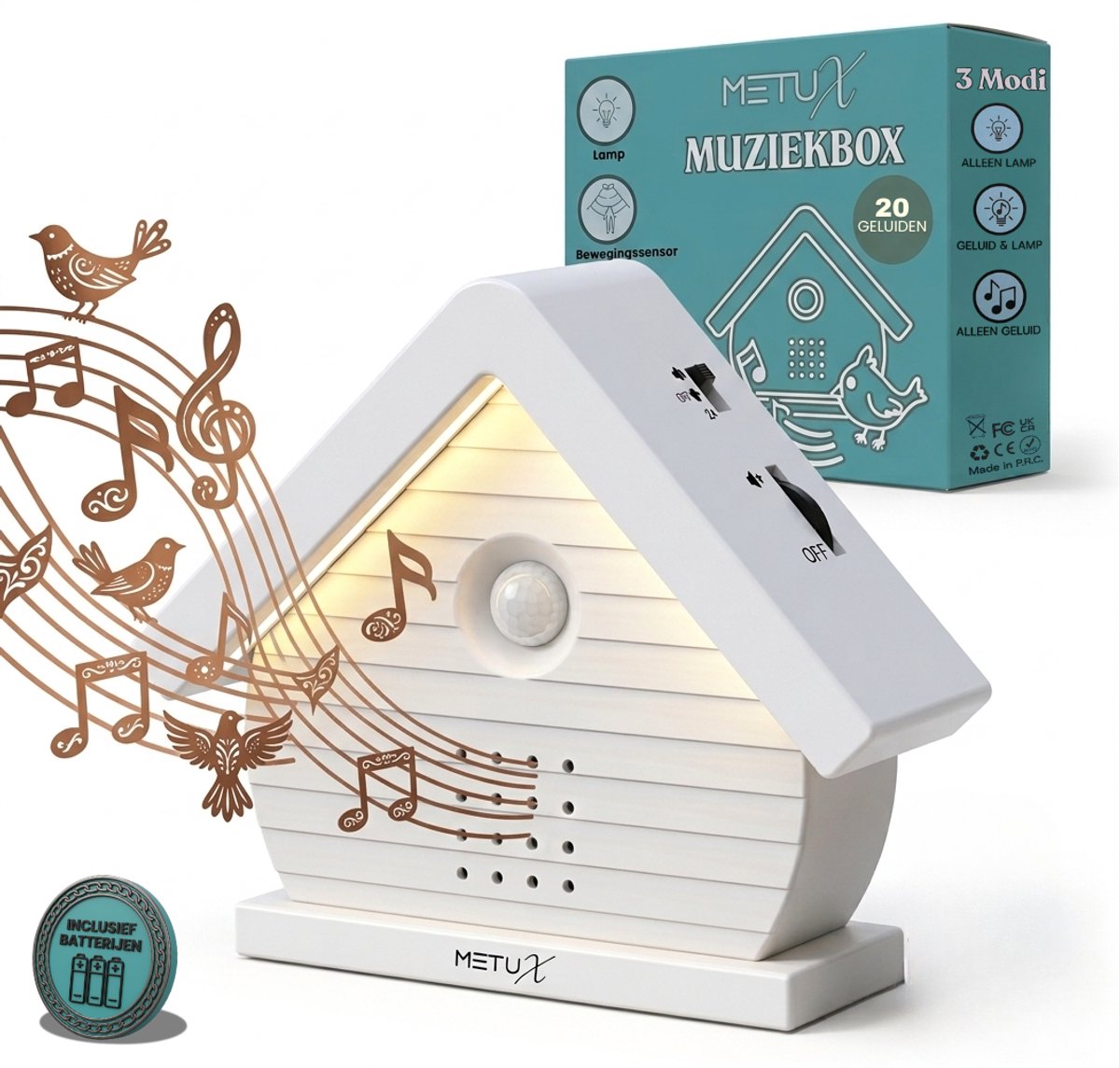 MetuX® - vogelhuisje met geluid - met led lamp - 20 geluiden - incl. batterijen - 3 modi en 5 timerfuncties - vogelgeluiden huisje met sensor - vogelgeluiden huisje - Vogelgeluiden Huisje Voor op Toilet - Natuurgeluiden box - Wit