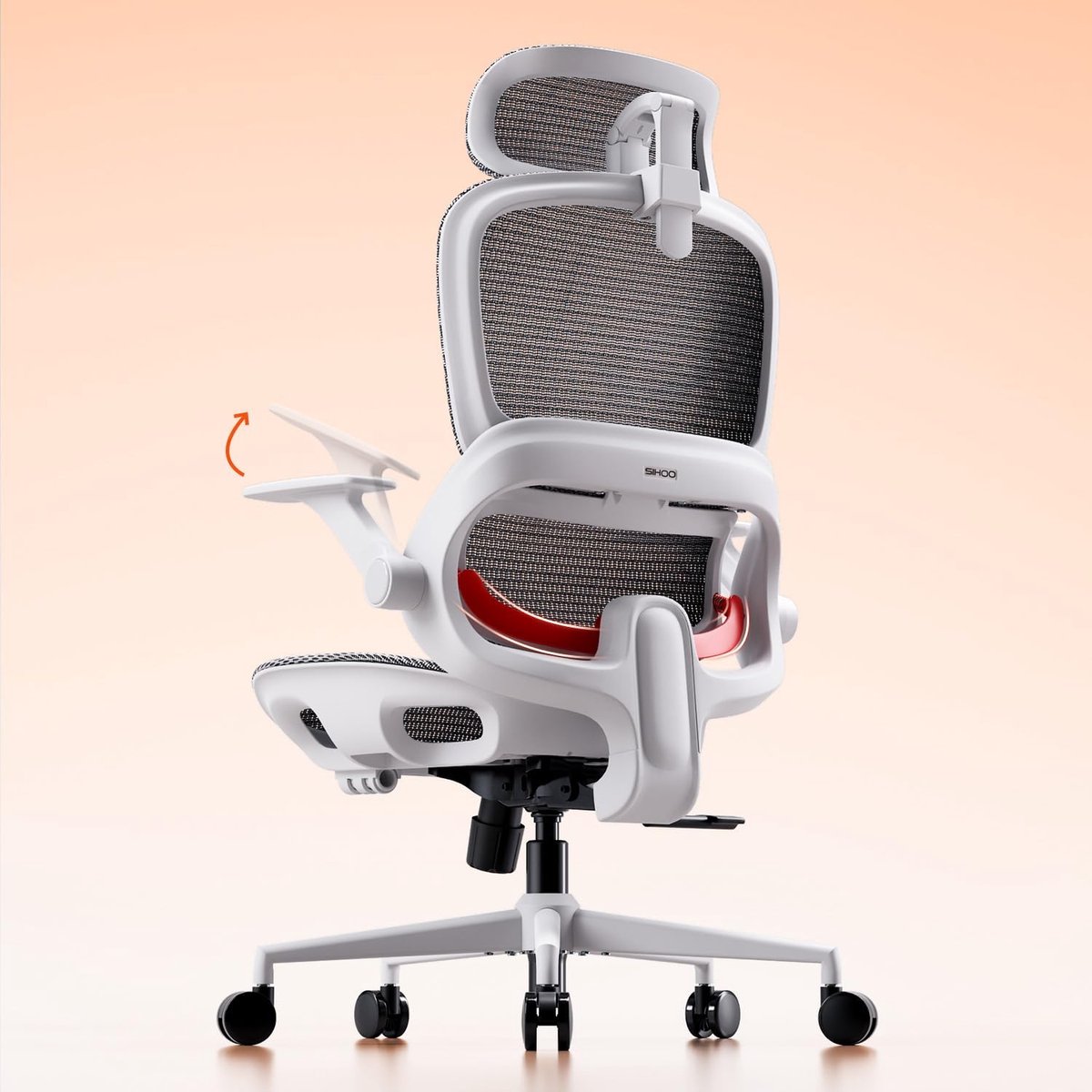 Ergonomische bureaustoel met 4D lendensteun en hoofdsteun – House&Garden B100 Lite draaistoel – wit mesh design, verstelbare rug 90–135°, inklapbare armleuningen – gaming & kantoorstoel premium 150 kg
