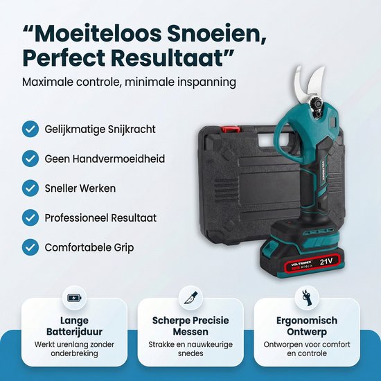 VOLTORNIX™ Elektrische Snoeischaar op Accu 35mm - Professionele Accu Takkenschaar met 2 Accu's, Draagkoffer, Reserve Messen & Slijpsteen - Draadloze Tuinschaar voor Takken, Heggen en Boomonderhoud — afbeelding 4