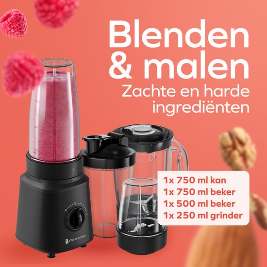 Zwarte blender met een mix van bessen en noten. Inclusief 4 bekers/grinders en de tekst 'Blenden & malen'.