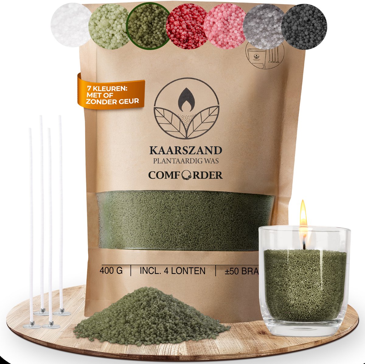 Comforder 400g Kaarsenzand Mosgroen - Burning Sand - Kaarsen Maken voor Volwassenen - 50 branduren - Met 4 lonten