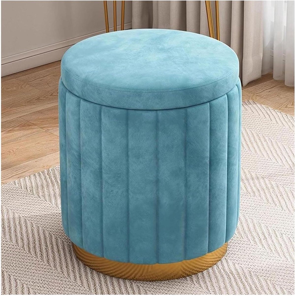 Opbergpoef Gestoffeerd - Voetenbank Kruk - Extra Zitplaats - Met Afneembaar Deksel - 34x34x43 CM - Blauw