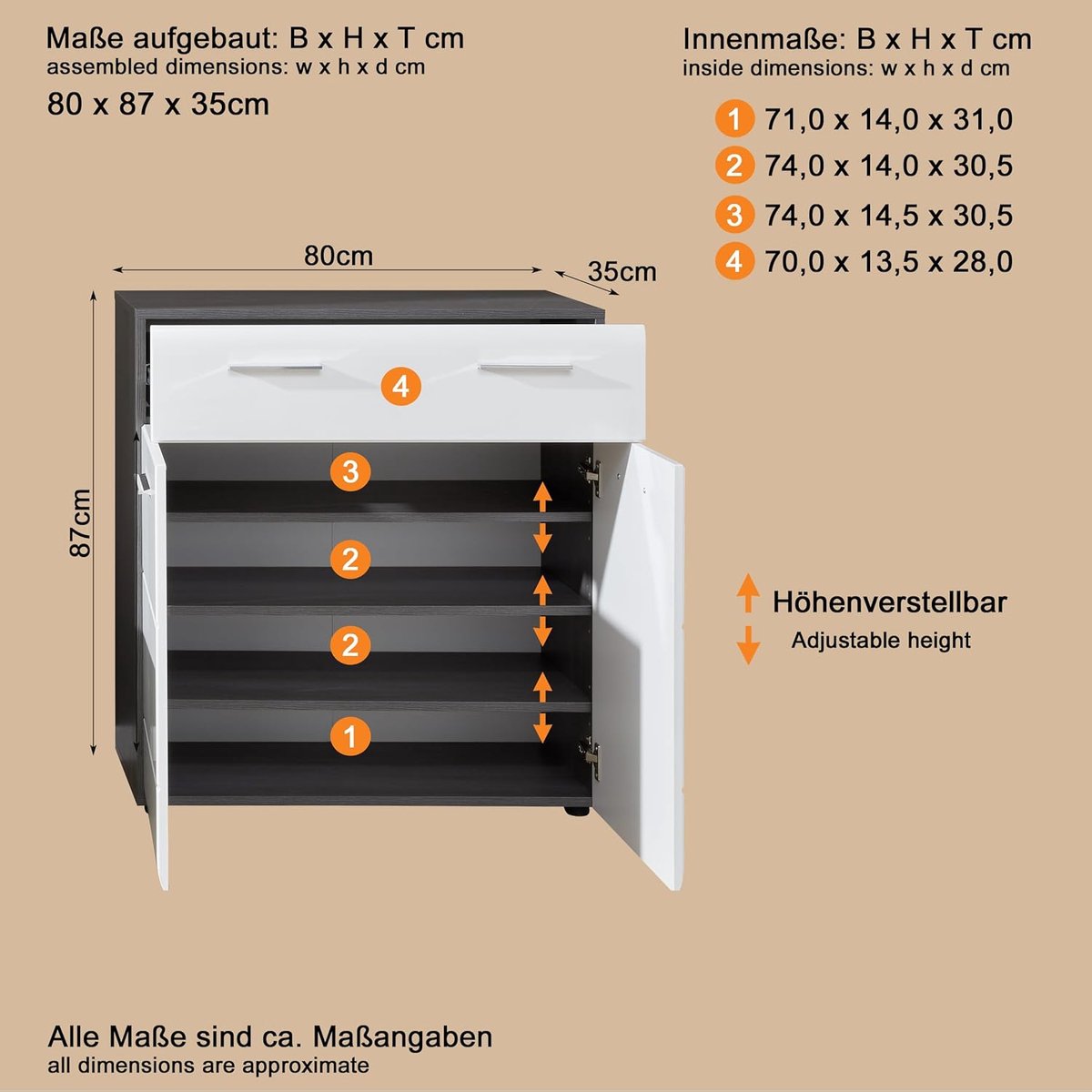 Schoenenkast met Lade en Deuren – 80 x 87 x 35 cm – Geschikt voor 12 Paar Schoenen – Rookzilver/Wit Hoogglans – Hal Opbergkast, Garderobekast, Modern Design – Mobili Bella