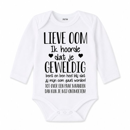Baby rompertje met tekst | Lieve Oom Ik hoorde dat je geweldig bent en ben heel blij dat jij mijn oom gaat worden! ontmoeten! | lange mouw | maat 50-56 | aankondiging bekendmaking zwangerschap cadeau voor de liefste aanstaande