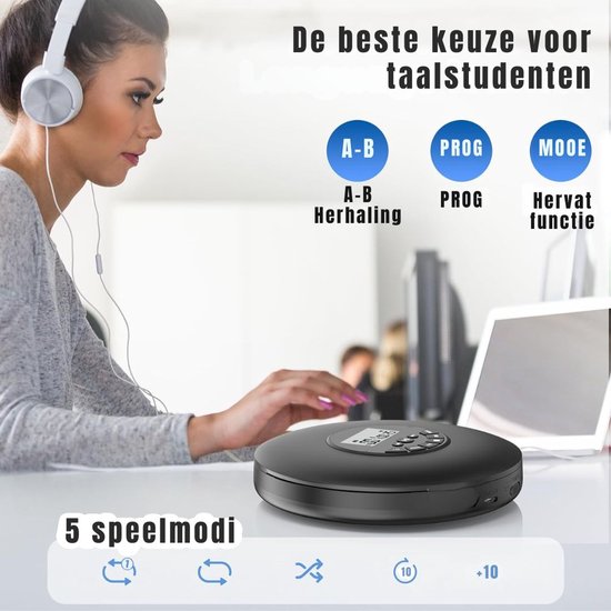 KAD® CD Speler - Draagbare CD Speler - Portable CD Speler - Zwart - 21cm x 17cm x 4cm van kad — afbeelding 4