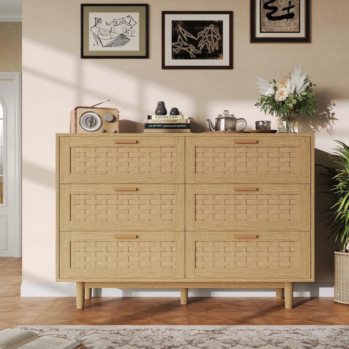 Commode Voor Slaapkamer, 6-Laden Rotan Commode, Massief Houten Commode, Geschikt Voor Het Gemakkelijk Organiseren Cosmetica, Sieraden Andere Spullen, Zodat Kantoor Netjes Blijft (Eikenkleur)
