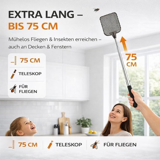 Set van 2 XXL insectenmepper 75 cm vliegenmepper uitschuifbare telescopische vliegenvanger insectenvanger Vliegenbescherming tegen insecten, vliegen, muggen, wespen — afbeelding 5