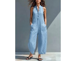 Damesjumpsuit – Zomerse mouwloze jumpsuit met wijde pijpen – Stijlvolle, casual, losvallende overall met knoopsluiting – Met zakken – blauw – M