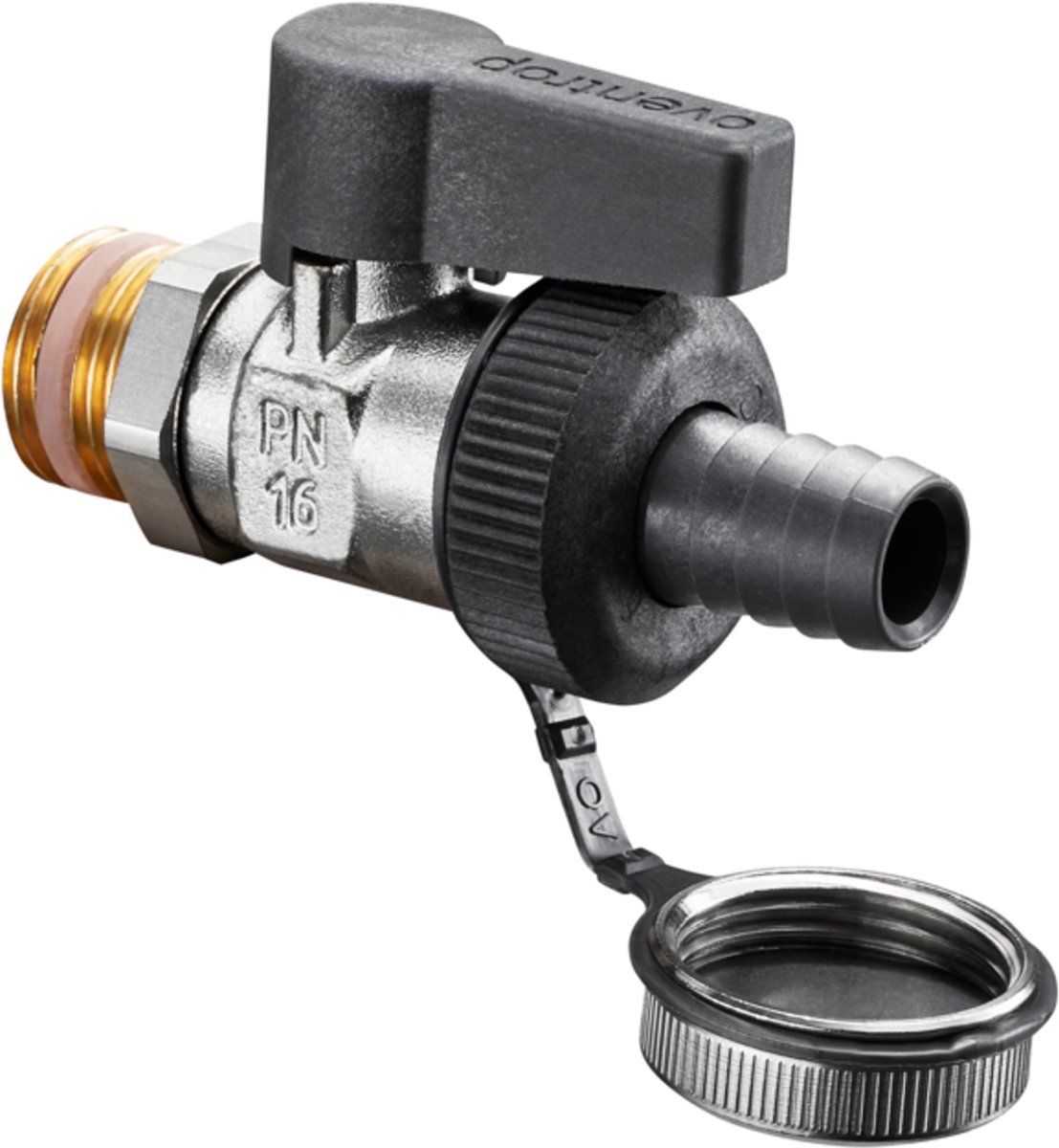 OVENTROP KFE-kogelkraan Optiflex met buitendraad PN 16, met kunststof slangaansluiting, zonder individuele verpakking DN 15, G 1/2, vernikkeld, 1033354