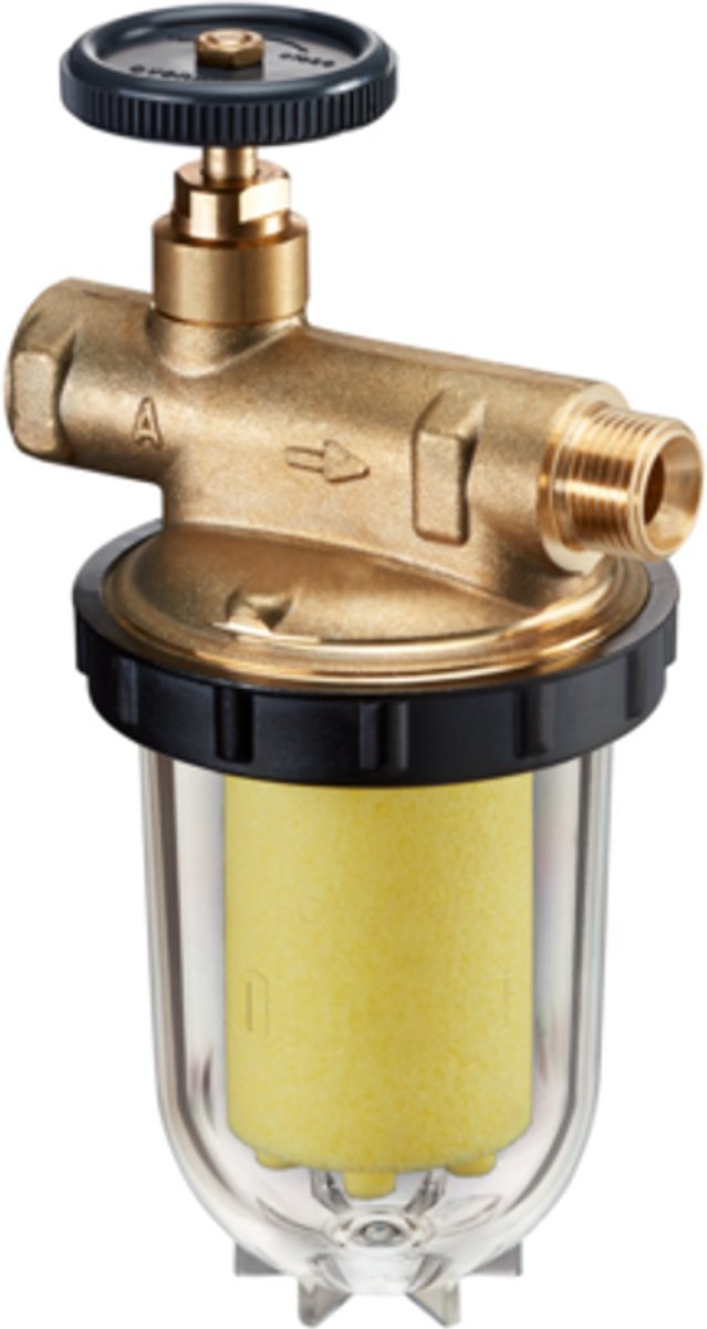 OVENTROP Stookoliefilter Oilpur E A met afsluiting voor enkelstrengssystemen DN 10, tankzijde G 3/8 IG, branderzijde G 3/8 AG, gesinterd kunststof 50-75 mym, 2123561