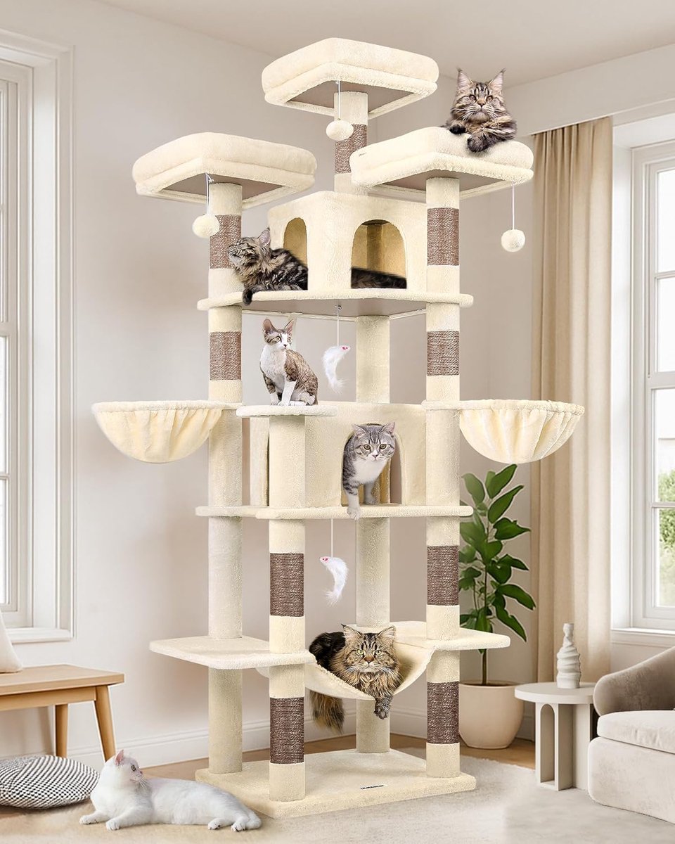 Kattenboom - Krabpaal XXL - Spelen en Rusten - Inclusief 3 Zitstokken - 204 cm Hoog - Beige