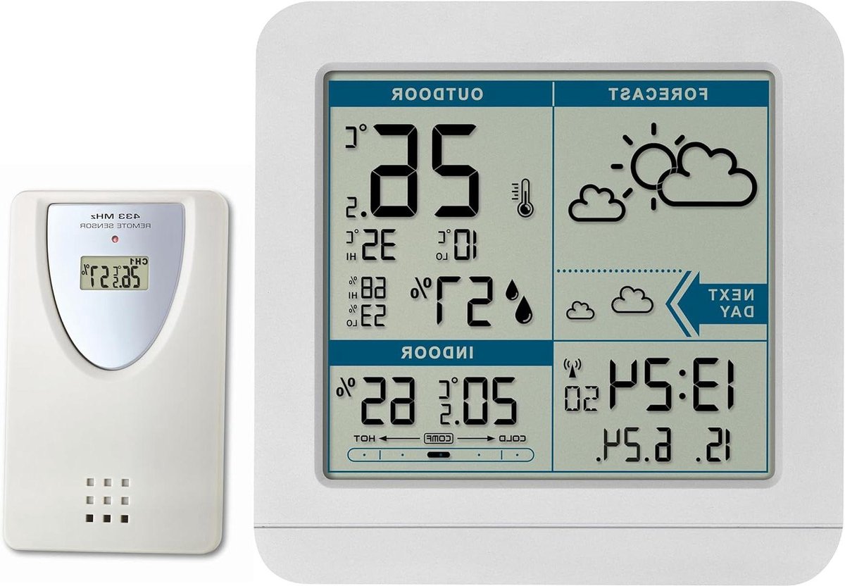 TFA Dostmann Wireless Weather Station Sky, 35.1152.02, indoor and outdoor temperature and humidity, max.-min values, weather forecast, time & alarm, white, (L) 123 x (W) 52 x (H) 117 mm