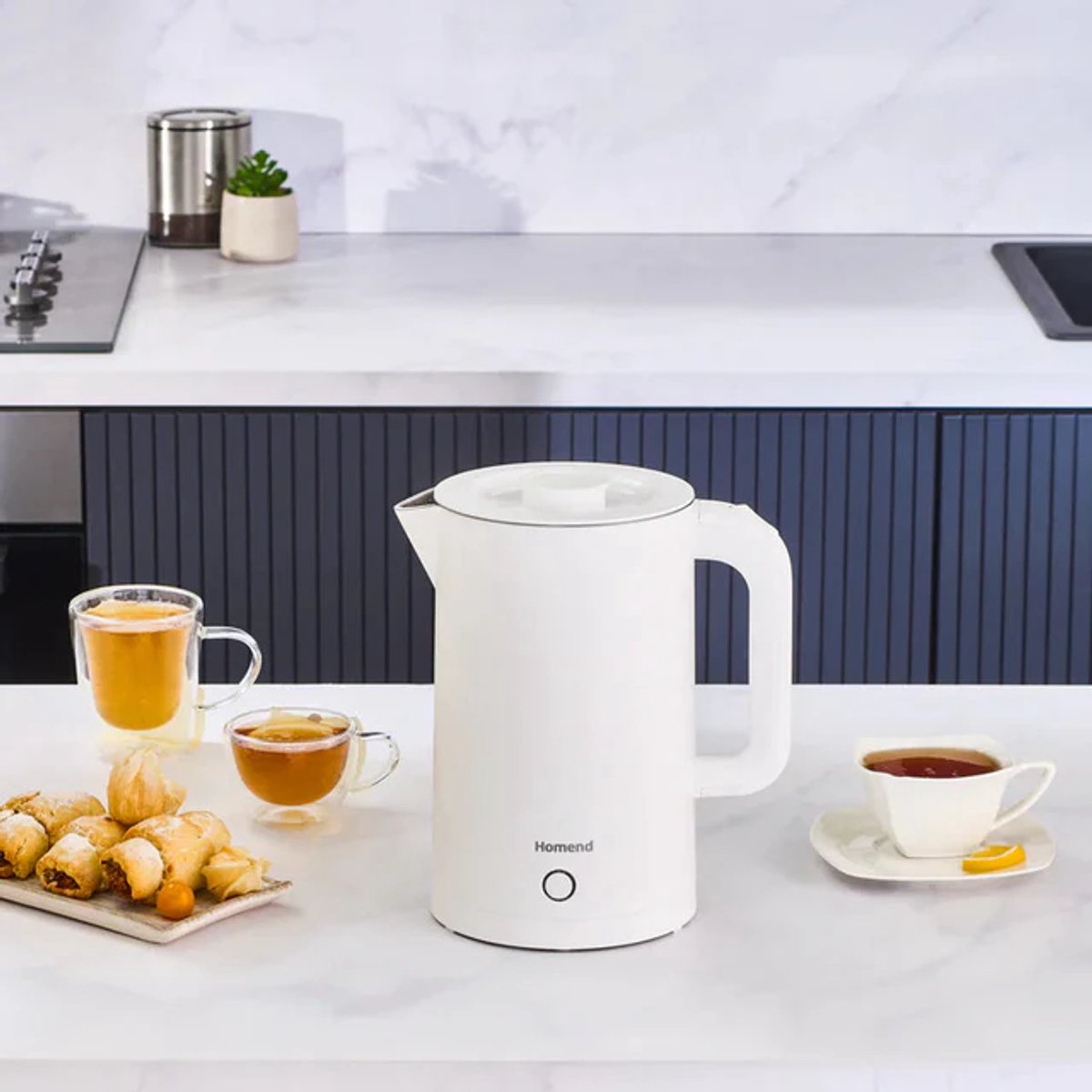 Homend Heatrow Cooltouch - Waterkoker 1,7L – 2200W – Dubbelwandig – Cool Touch – Stil Koken – RVS – Wit