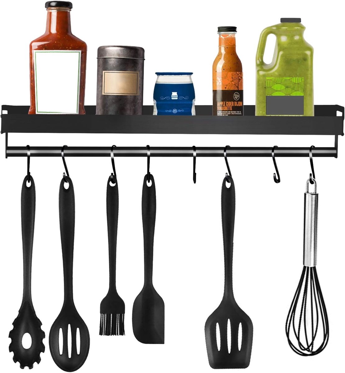 Keukenrek - Wandhouder Organizer - Ruimte Besparen - Met 8 Haken - 40 cm - Zwart