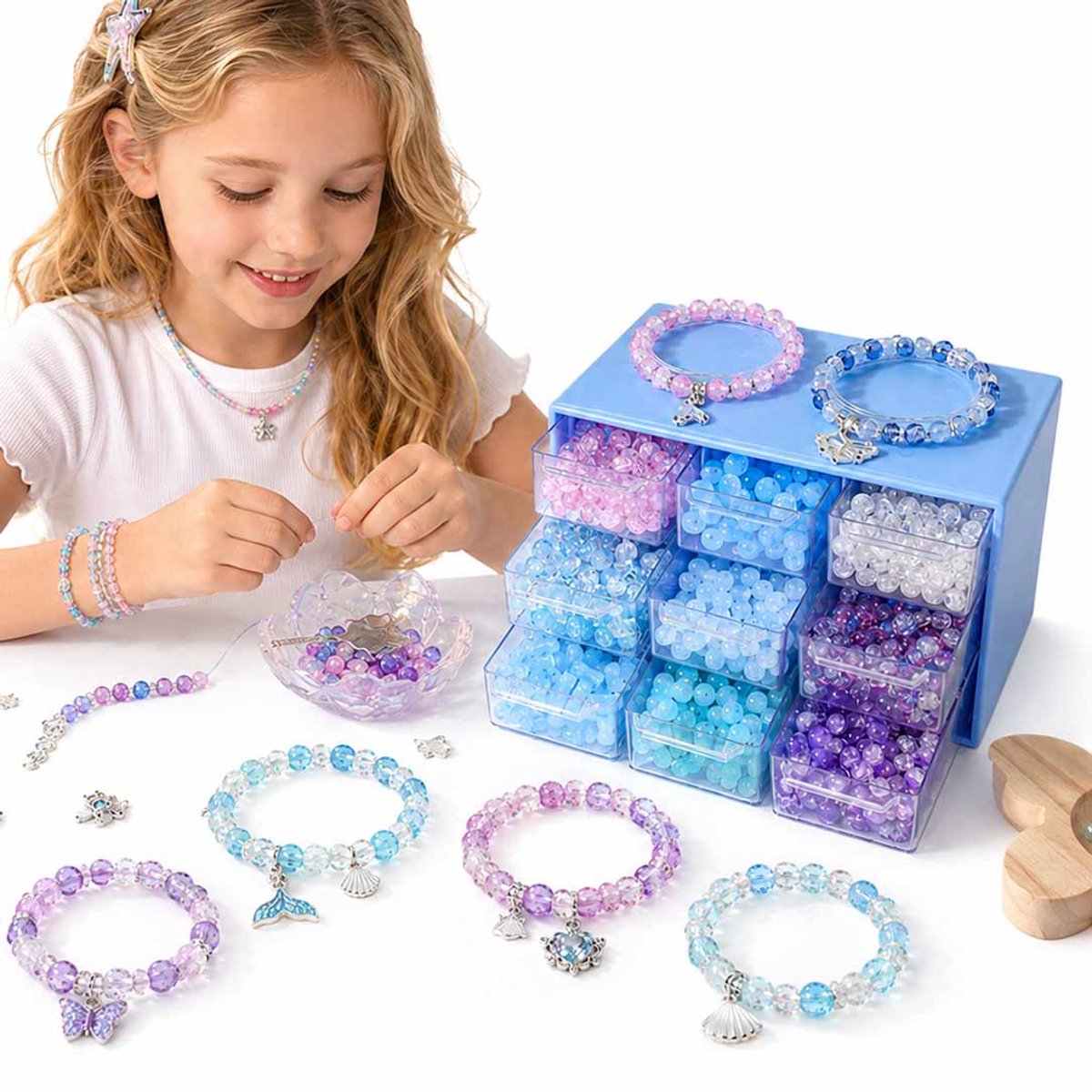 Meedeer Sieradenset-Sieraden Maken Pakket-kralenset-Glas Kralen Set-Armbanden zelf maken-knutselset voor kinderen-doe-het-zelf Meisjesgeschenken-kinderspeelgoed 6+ (340 Stuks)