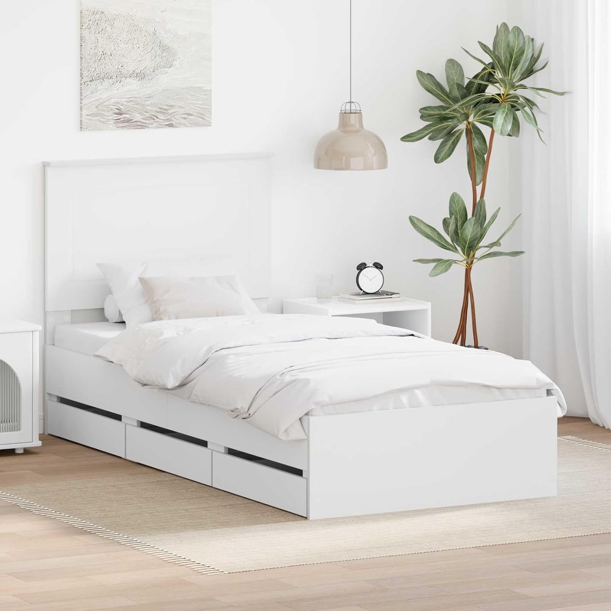 Modern Opbergbed met Lades 100x200 cm – Wit Bedframe van Bewerkt Hout met Geïntegreerde Opberglades, Minimalistisch en Stevig Slaapkamer Design