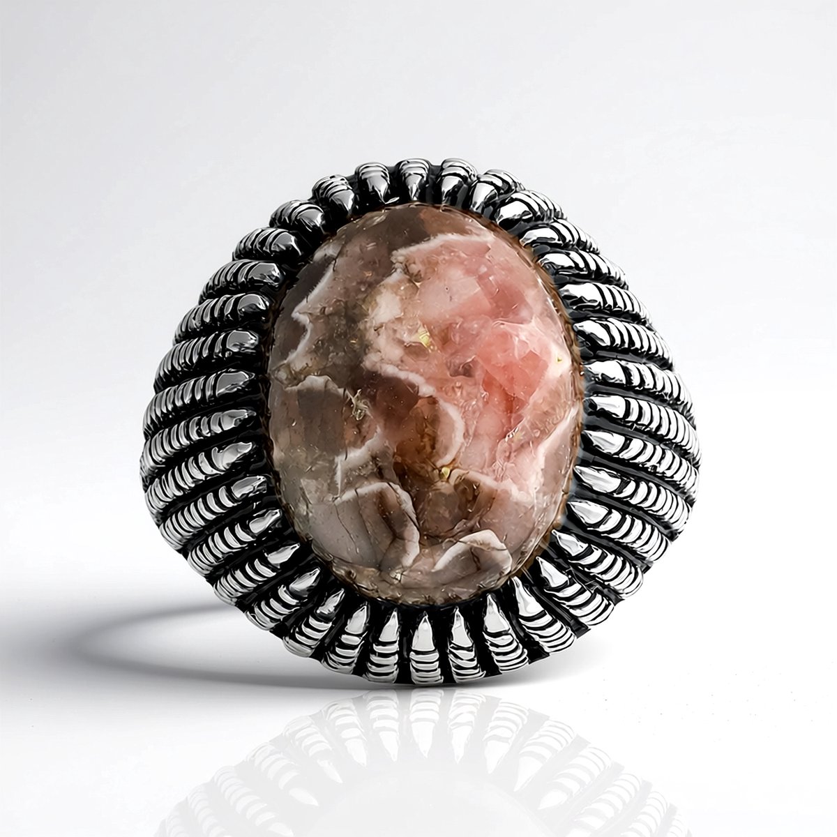 Cavill - Zilveren Ring 925 Sterling Zilver - 4,136 ct Ovale Rhodochrosiet - Antiek Vintage Handgemaakt Uniek Sieraad