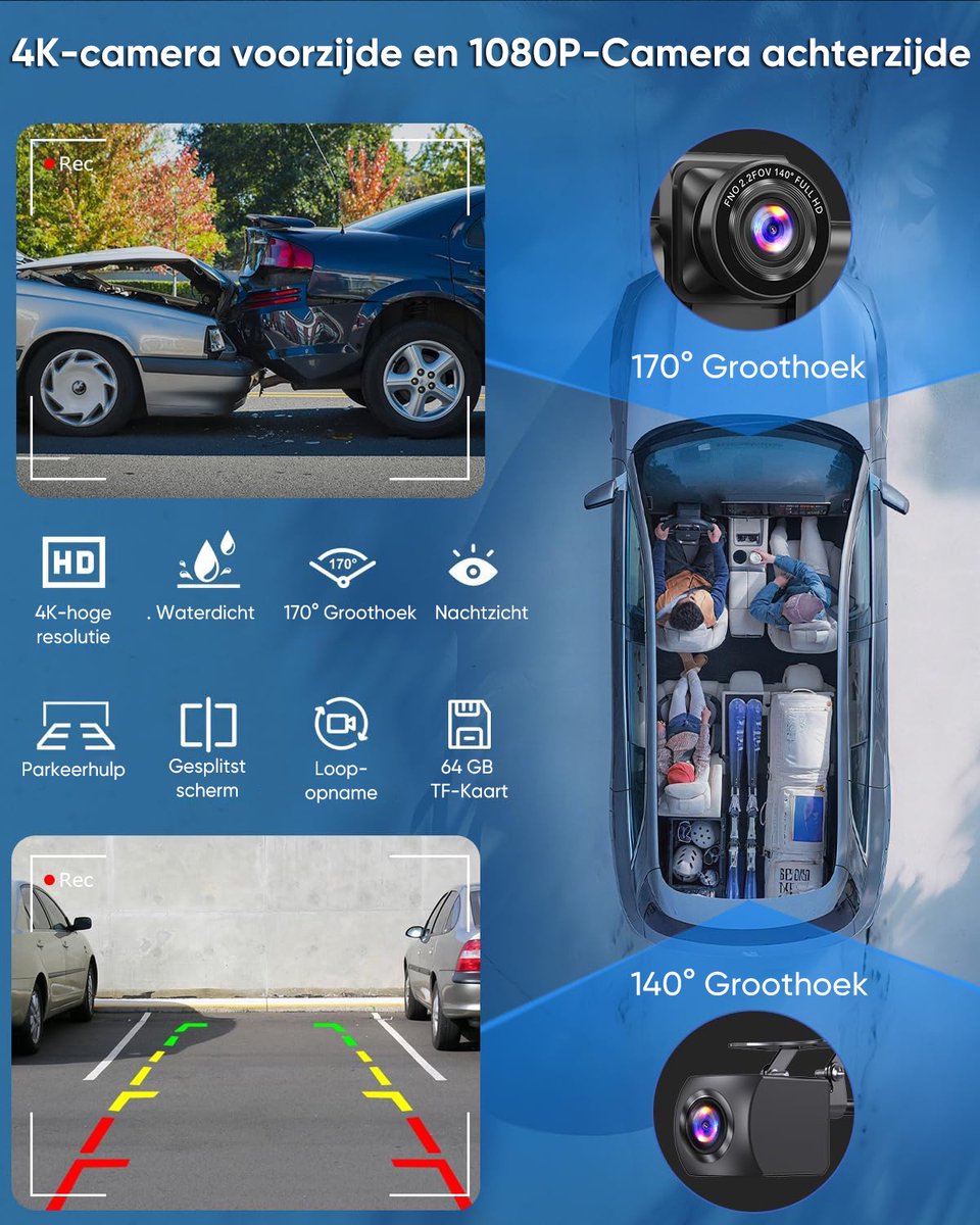 Hexinex - Draadloos CarPlay Scherm - 4K Dash Cam Carplay Android Auto - met 1080p Back-upcamera - Incl. 64GB SD thumbnail 2