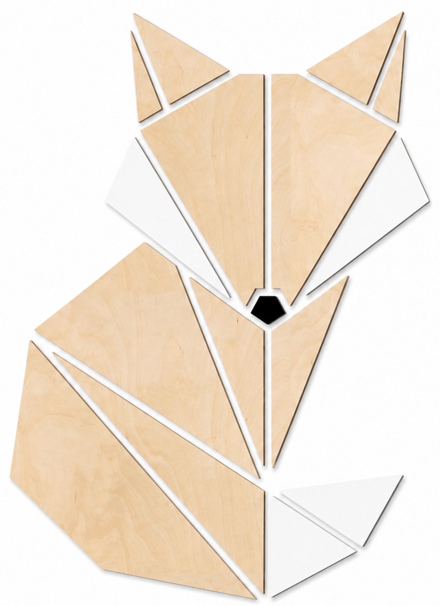 Houten wanddecoratie - Wooden wall decoration | Vos 45 x 63cm Fox | Licht hout - Natural wood | Geometrische muurdecoratie kinderkamer - Geometric wall art for kids room - Origami Design Wandfiguur - Dieren - Babykamer - Devos