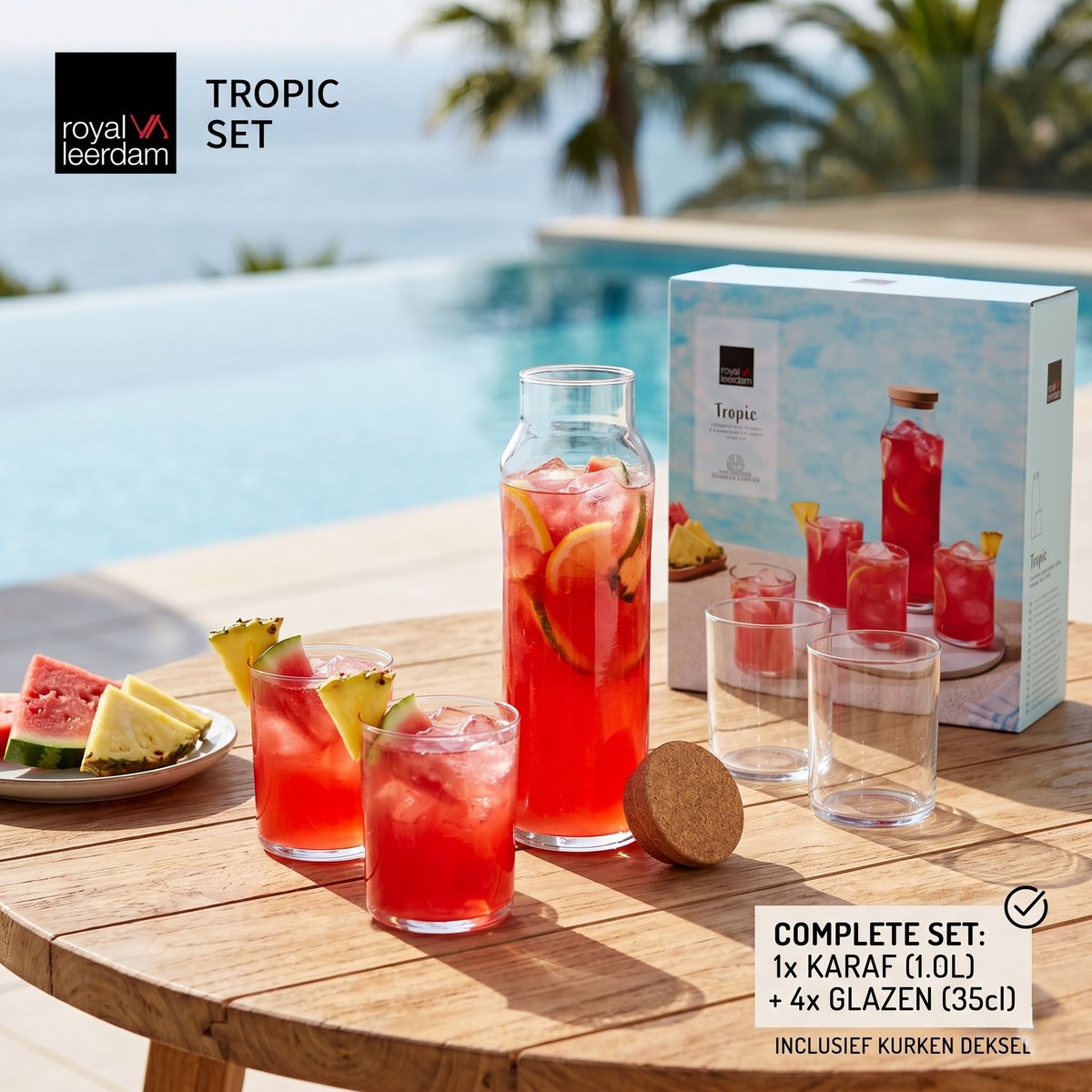 Tropic Karafset - 5-delig - Waterkaraf 1 Liter met 4 Longdrinkglazen 345 ml - Met Kurken Dop - Transparant Glas - Ideaal voor Cocktails en Limonade - Picknick Barbecue