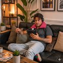 Een man met koptelefoon draagt een rood kersenpitkussen om zijn nek en kijkt naar een tablet.