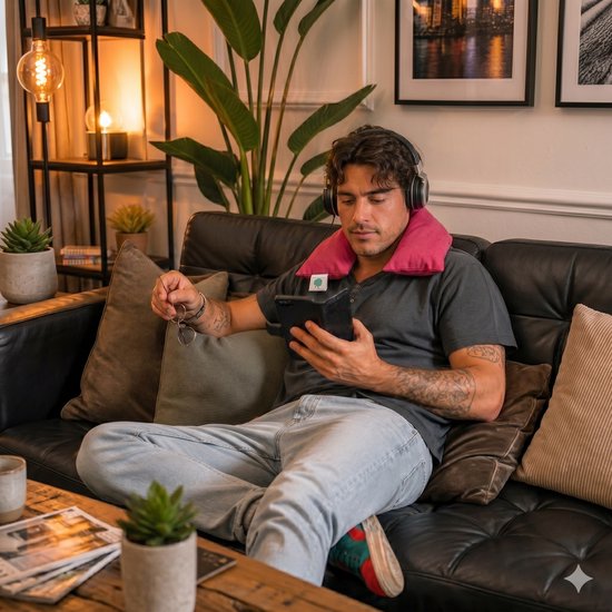 Een man met koptelefoon draagt een rood kersenpitkussen om zijn nek en kijkt naar een tablet.