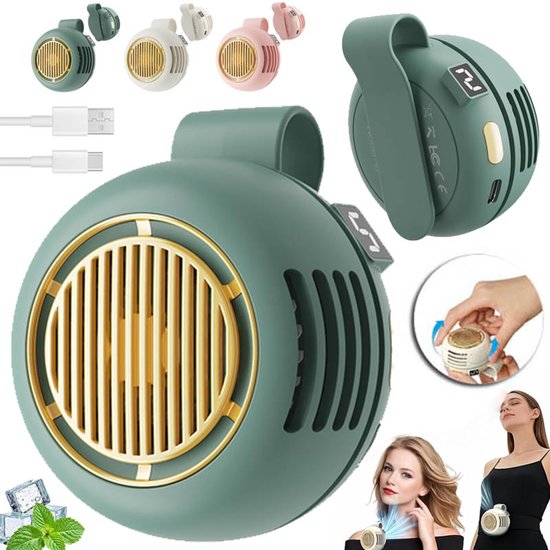 Mini Clip-On Ventilator USB Oplaadbaar 360° Draaibaar 5 Snelheden Stil Bladloos Met Display Groen