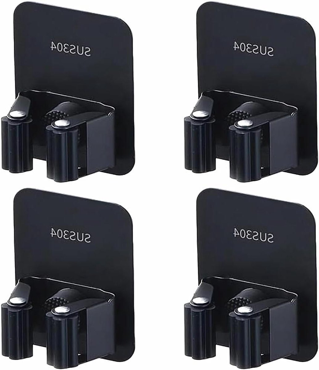 Houten Bezemhouder - Moppenhanger Muur - Ruimte Besparen - Boorvrije Installatie - 4 Stuks - Zwart