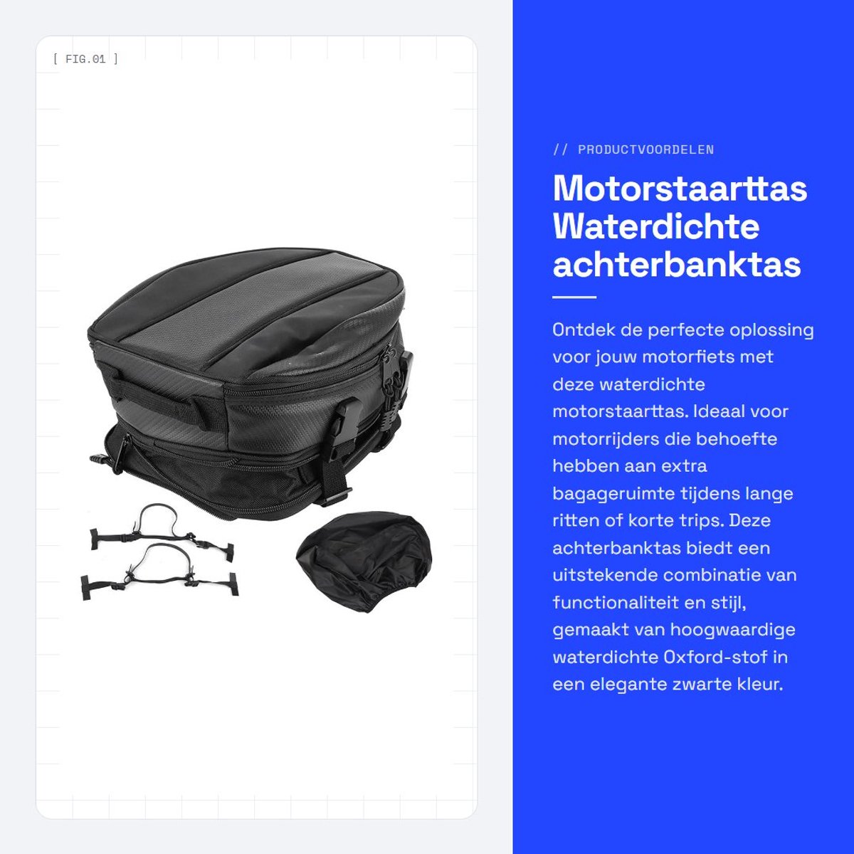 Dailygoods- Achterzadeltas Waterdicht - Motorfiets Achterbanktas - Oxford-Stof - Capaciteit 7,5/10 Liter - Inclusief Regenhoes - Afmetingen 14x24x29,5 cm - Motorfiets Tas