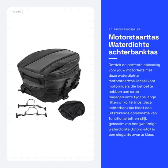 Dailygoods- Achterzadeltas Waterdicht - Motorfiets Achterbanktas - Oxford-Stof - Capaciteit 7,5/10 Liter - Inclusief Regenhoes - Afmetingen 14x24x29,5 cm - Motorfiets Tas