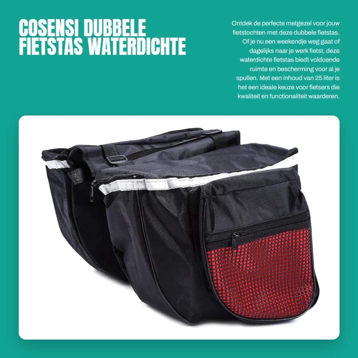 Dailygoods- Fietstas Dubbel 25L Waterdicht - Achtertas - Reflecterend Ontwerp - Eenvoudige Installatie - Geschikt voor Mountainbike/Foldfiets - Bagagedrager