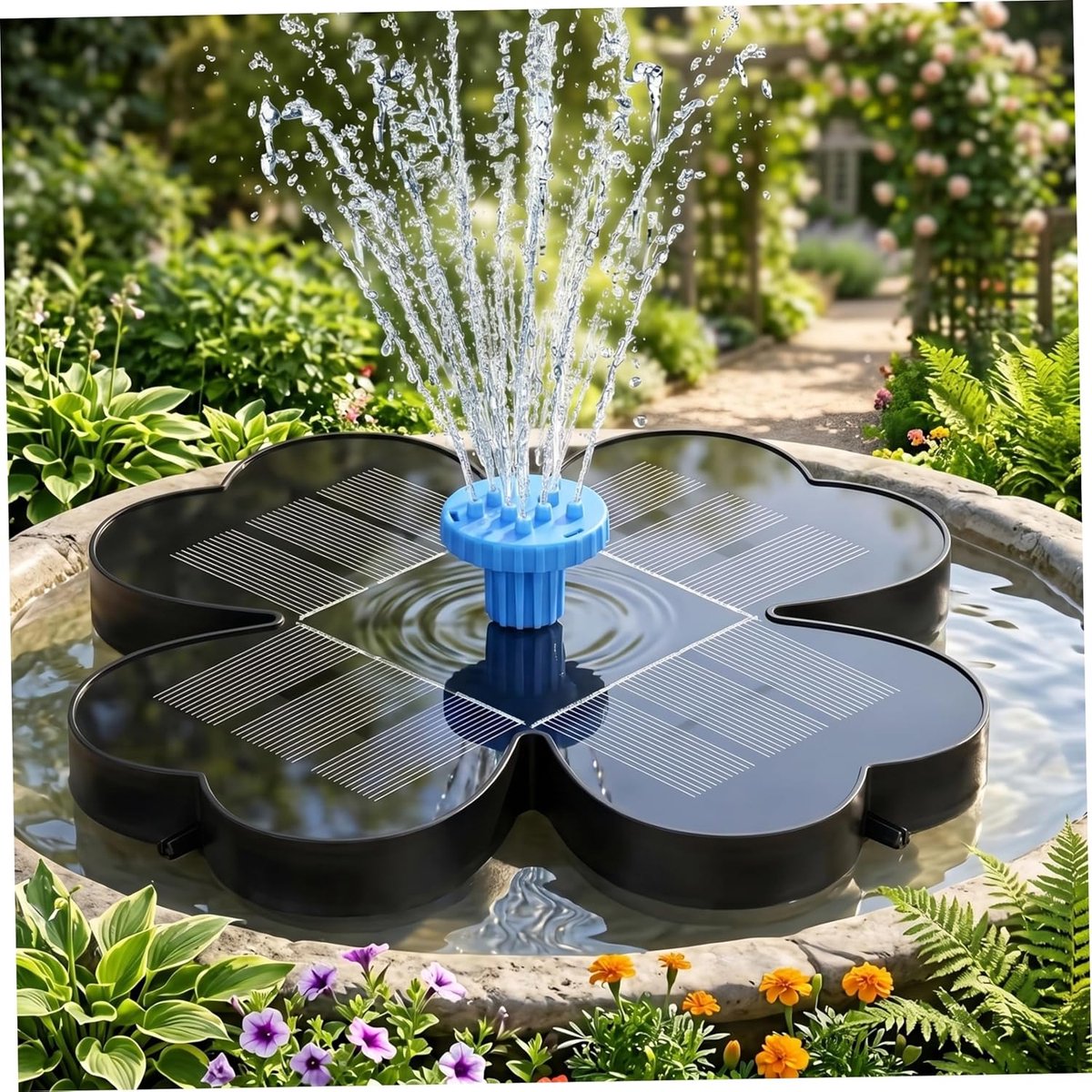 Zonnefontein voor Vogelbad - Solar Fonteinpomp met 8 Sproeikoppen en Verstelbare Paal - Automatische Waterpomp voor Vijver en Tuin - Inclusief Filterwatten - Zwart thumbnail 2