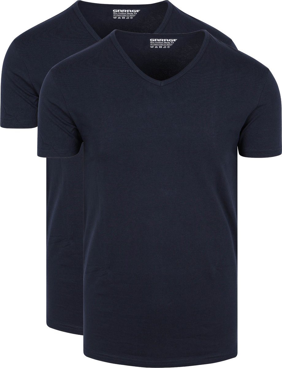 Garage 0222- Bio-Cotton Bodyfit 2-pack T-shirt V-hals korte mouw navy M 95% organisch katoen 5% elastan