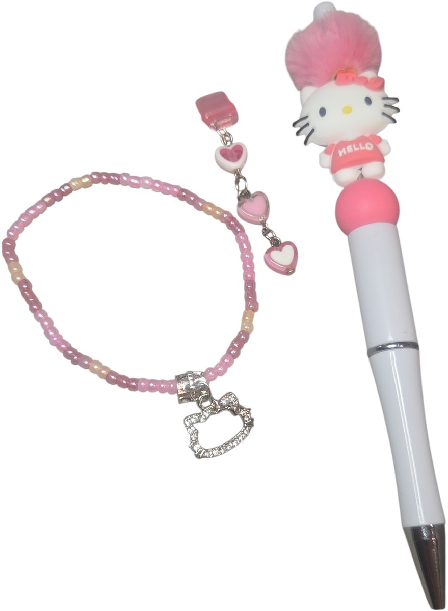 cadeauset Hello Kitty pen, armbandje en telefoon stofstop.