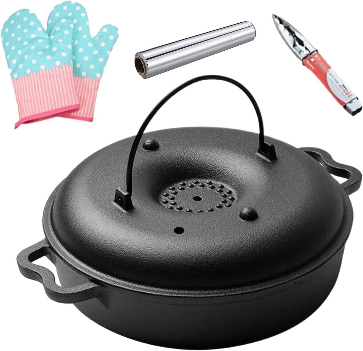Braadpan Met Deksel Ijzeren Pot Koken Bakken Grillen Gelijkmatige Warmte 26 Centimeter Zwart