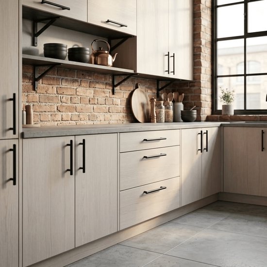 Lichte keuken met bakstenen muur en grijze werkbladen, voorzien van zwarte T-greep handgrepen op kasten en laders.