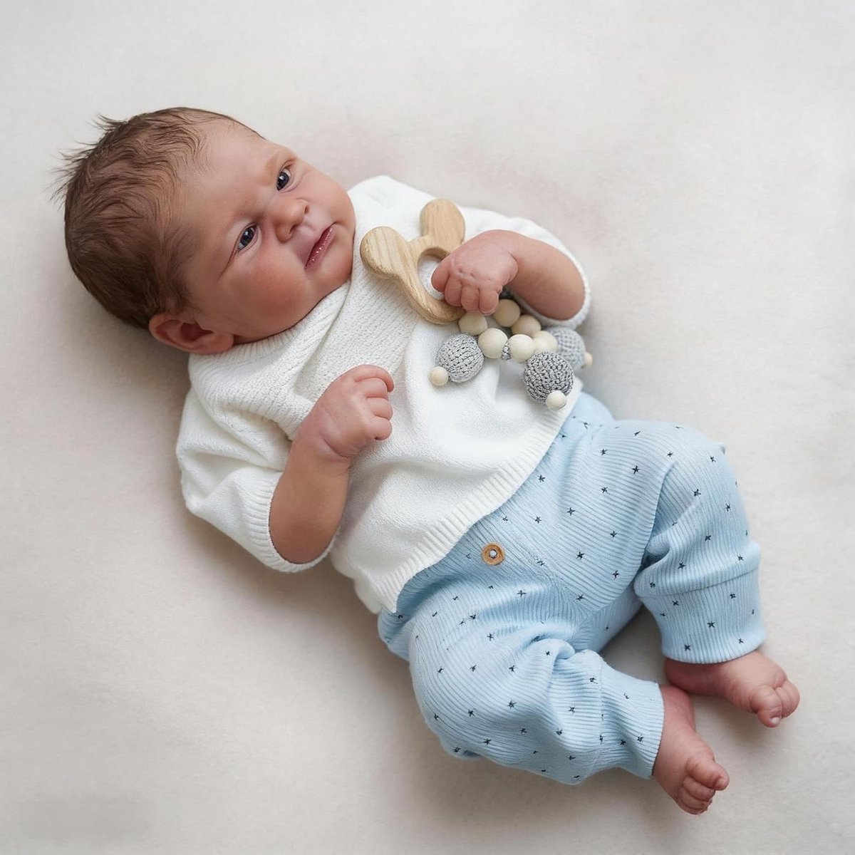 Babypop Jongen - Levensechte pop - Kind Spelenderwijs - Volledig Vinyl - 45 cm - Wit Blauw