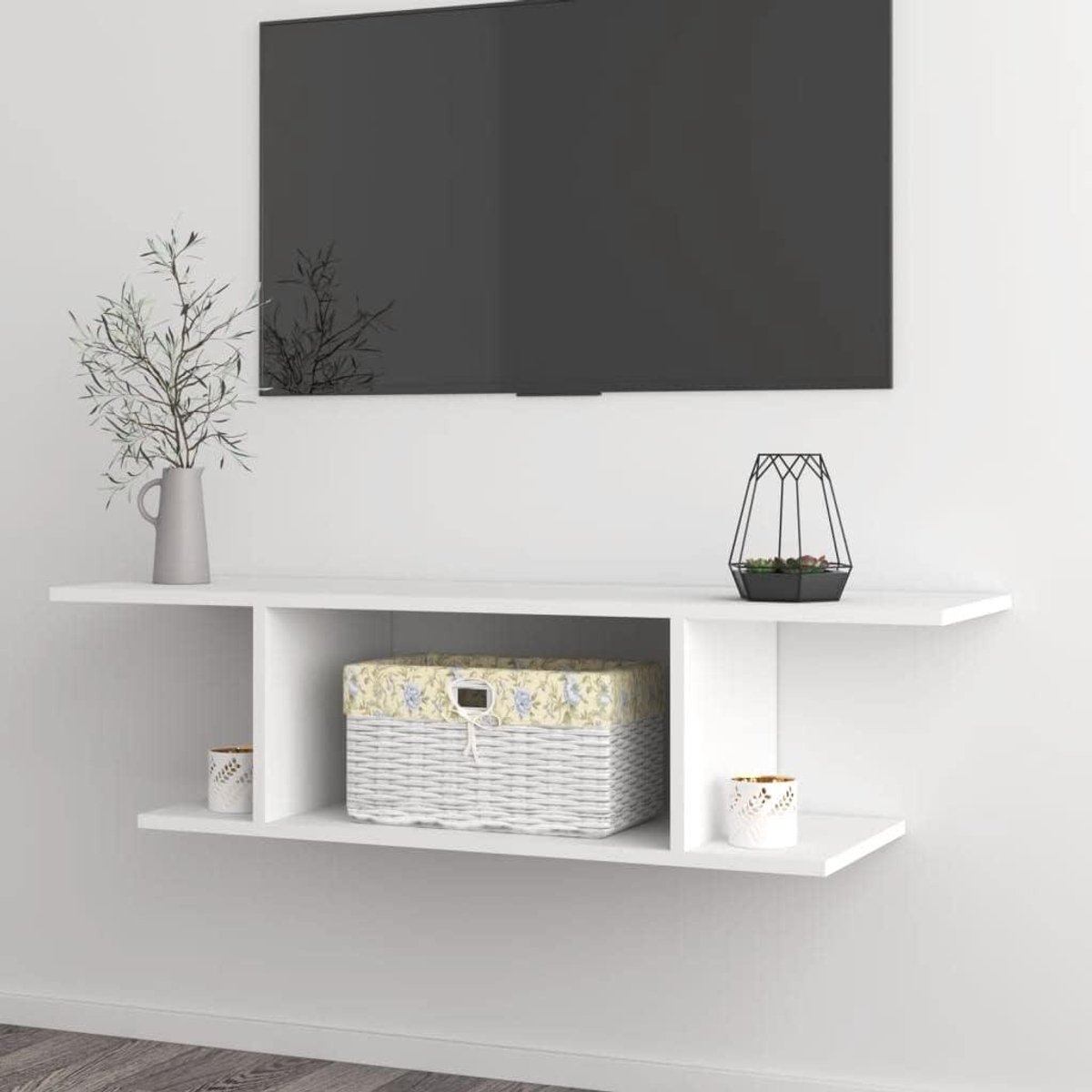 Wandmontage TV Kast - Mediabox Meubel - Woonkamer Inrichting - Trendy Praktisch Ontwerp - 103x30x265 cm - Wit