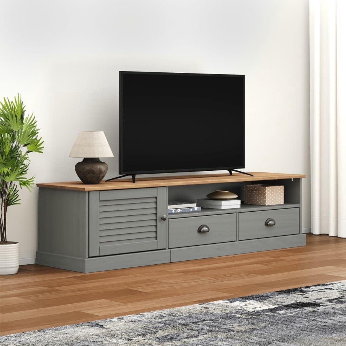 Tv meubel - Televisiekast hout - Media opbergen - Massief grenenhout - 156x40x40 cm - Grijs