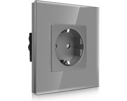 CNBINGO Single Socket with Tempered Glass, Grey, Schuko Socket with Child Safety, 16 A, with Glass Frame