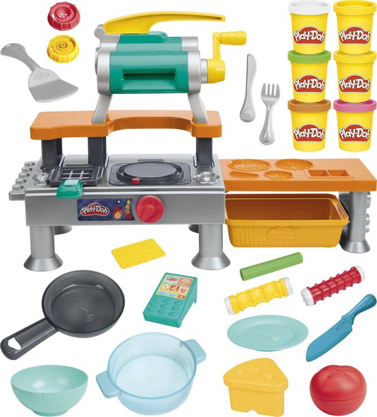 Alle onderdelen van de Play-Doh keukenspeelset op zwarte achtergrond.